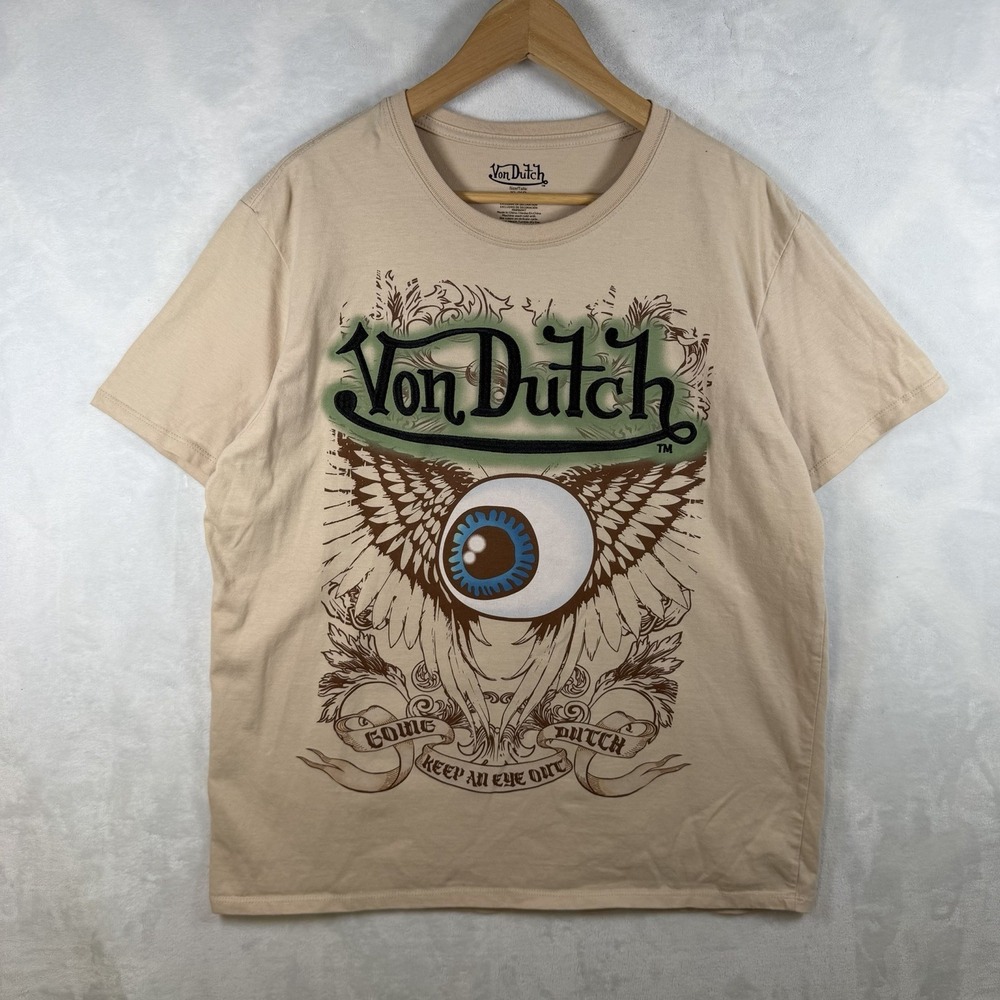 Von Dutch Mens Beige Graphic Logo Flying Eyeball Crew Neck T-Shirt Size XL